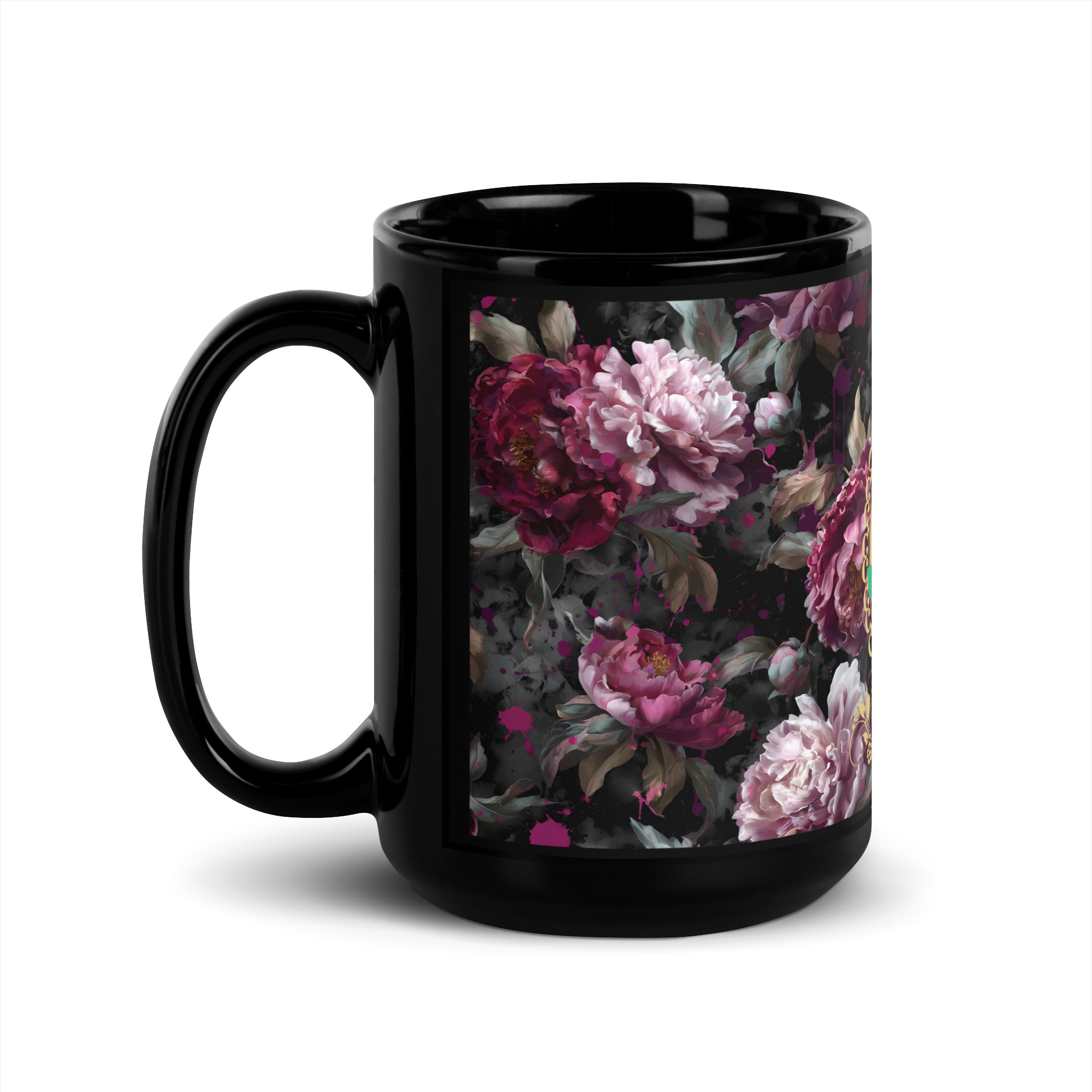 Krewe Crest Floral Black Glossy Mug - Image 2
